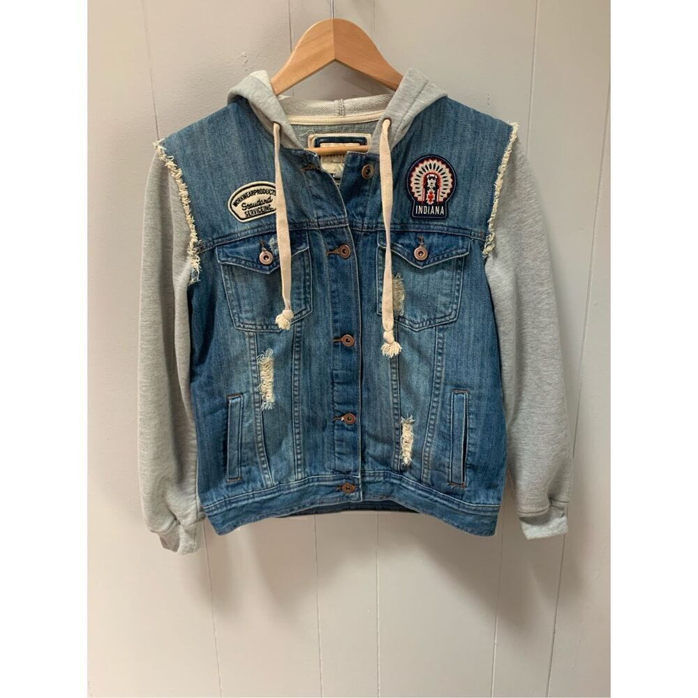 Forever 21 distressed jean hooded jacket with patchwork detail Medium